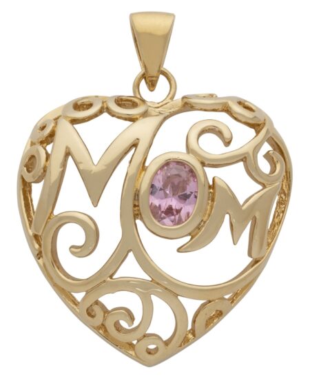 'Mom' with Pink CZ Oval Stone Pendant