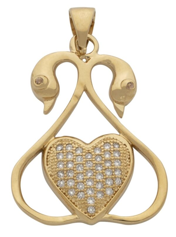 Double Swan Pendant with Solid CZ Heart Center