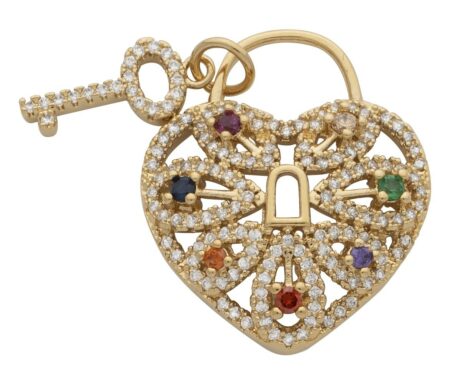 CZ/Multi-Colored Stone Heart with CZ Key Pendant