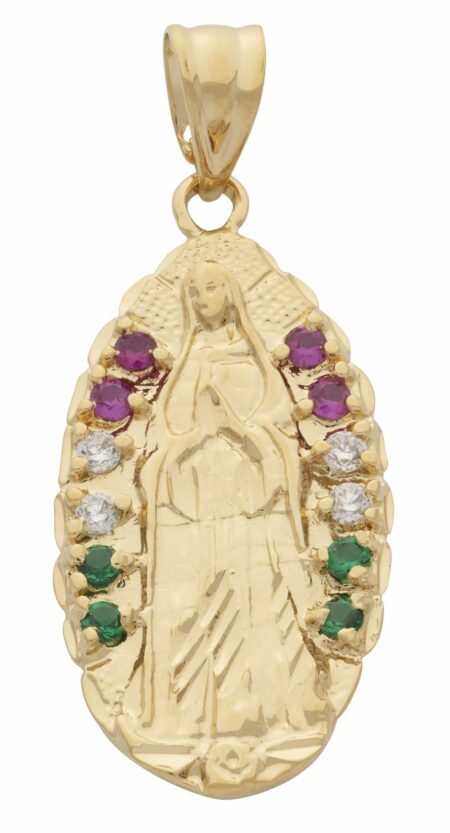 CZ Virgin Mary with Red/Green/White Stones Pendant