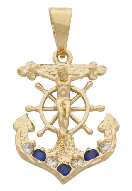 CZ White/Blue Stoned Anchor with Jesus Pendant