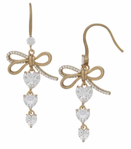 CZE231 | CZ Three Dangling Hearts with Bow Earrings